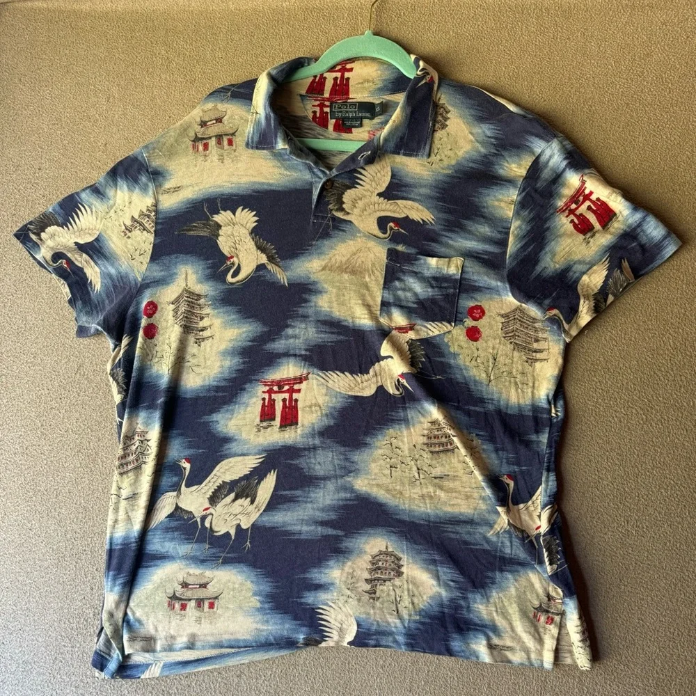 VTG 90'S POLO RALPH LAUREN JAPAN CRANE TEMPLE POLO SHIRT Size XL